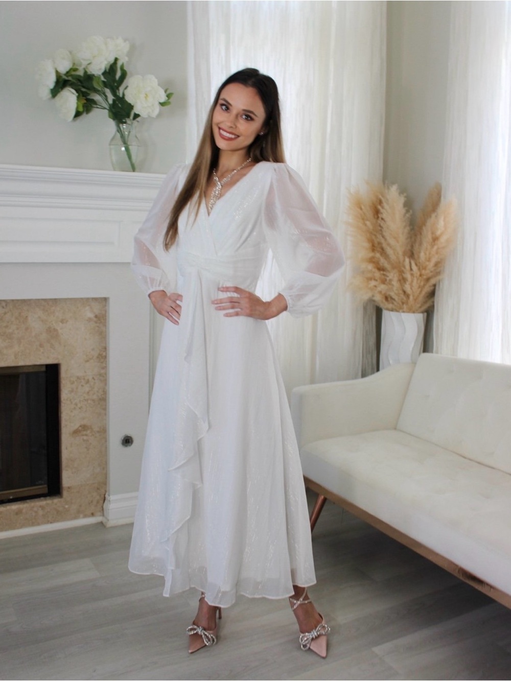 Ever Pretty White Midi Dress with Sheer Bishop Sleeves